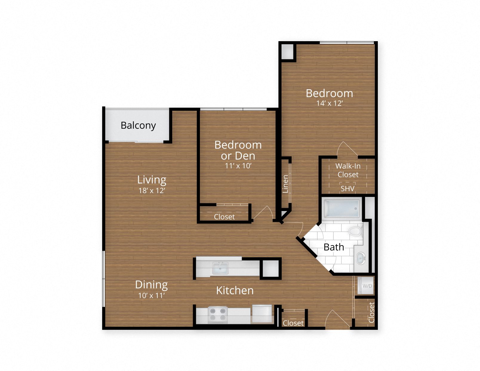 Floor plan for 2 beds, 1 bath, 1037 sqft